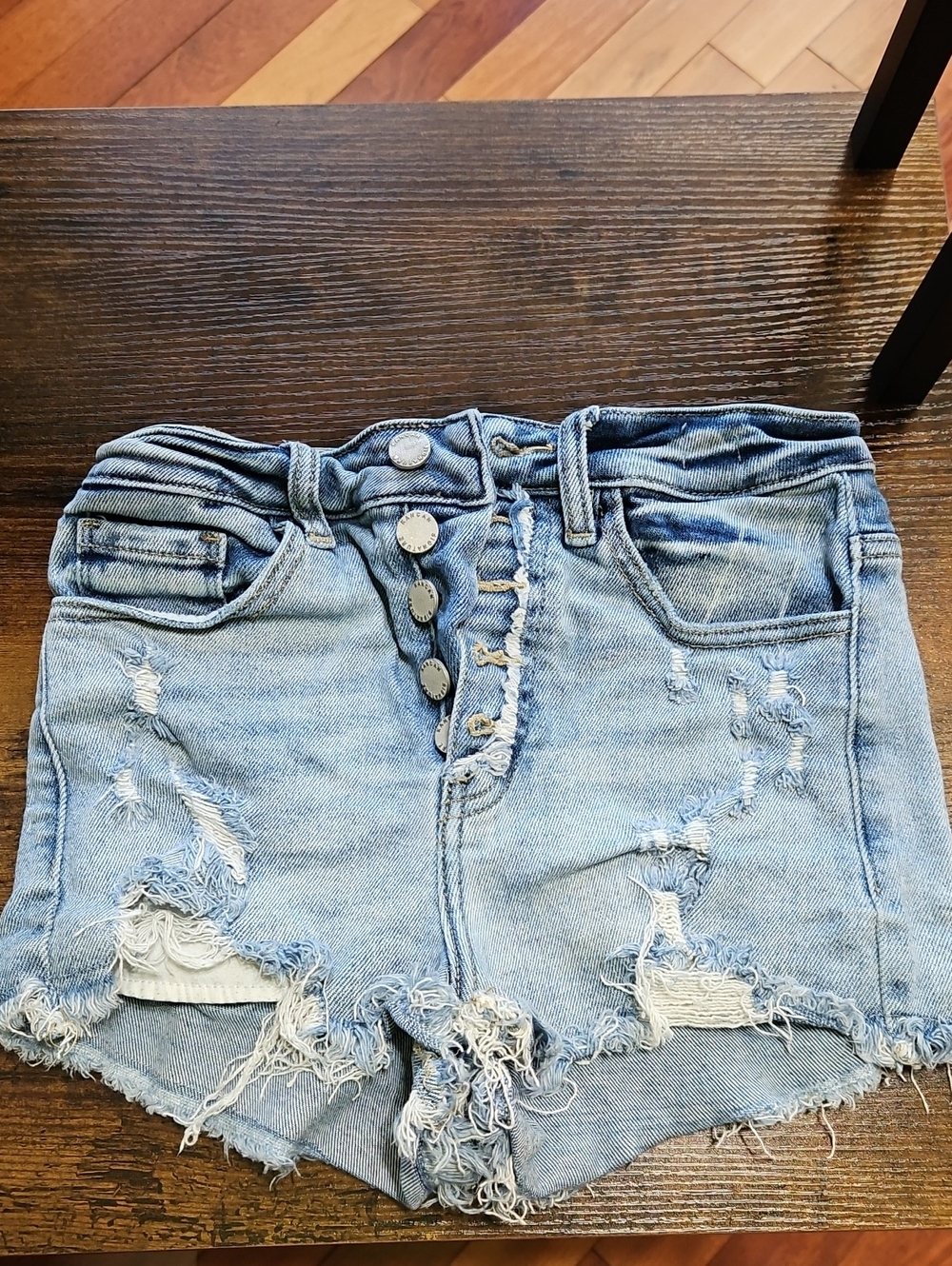 KanCan Light Blue Distressed High-Rise Button-Fly Jean Shorts
